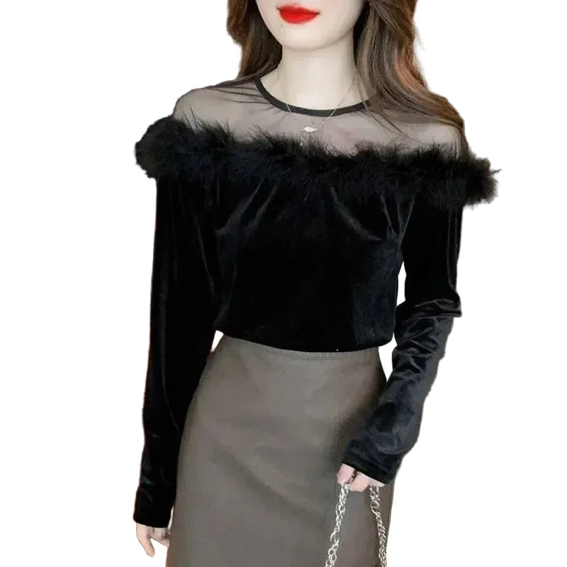 🍒Long sleeve velvet tops for women mixed media velvet fur top with mesh panel party occasion wear feminine clothing fashion Fluff Up In Velvet