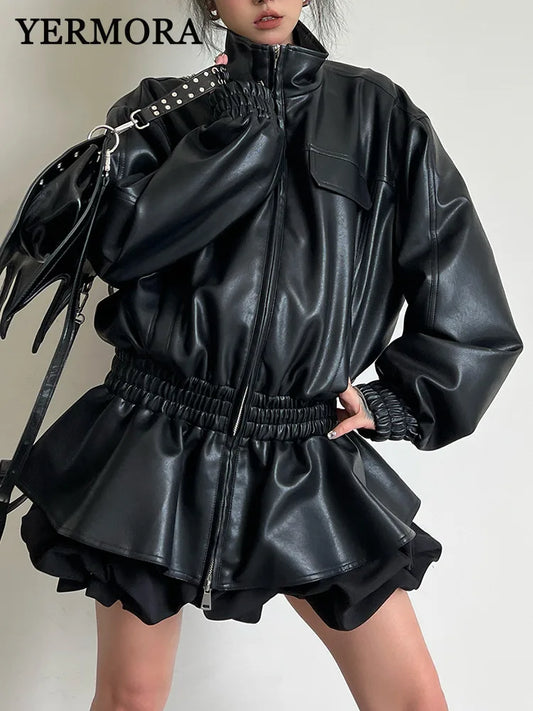🍒Black pu leather jacket elastic waist ruffle hem coat with elasticated waist for women long sleeve loose fit fashion autumn spring female smart casual outerwear EXPAND Your look with This ELASTICATED waist