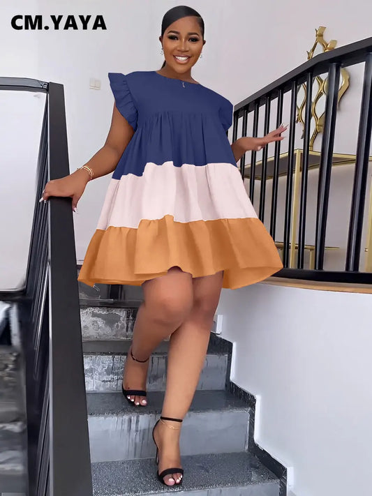 🍒Patchwork ruffle dress short sleeve big swing smock babydoll dress wide stripe chic fashion dresses Get Smitten With A Smock