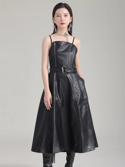 🍒Black faux leather dress spaghetti strap pu outfit with zip front sleeveless belted midi a-line dress party occasion wear sleeveless wear for women Like A Biker