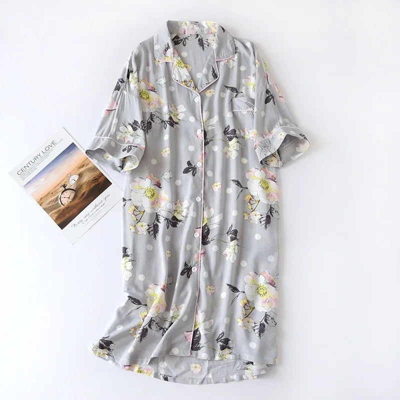 🍒Womens pyjama nightie cotton viscose comfy cardigan nightdress loose fit short sleeve nightgown floral print night wear sleep dress Comfort Cool