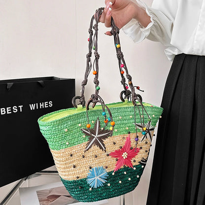 🍒Starfish wicker bag hand-embroidered beaded bohemian straw straw bag summer fashion beach bag casual seaside beach party accessories