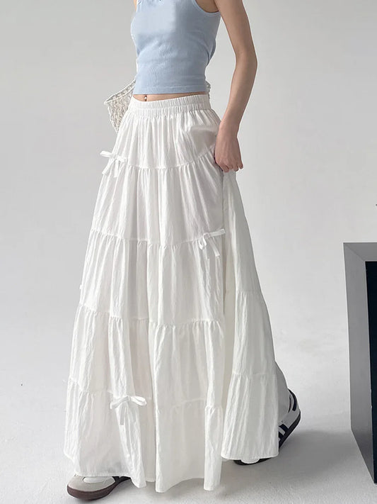 🍒Bow skirts high waist a-line women summer wear vintage loose feminine fashion wears preppy style white chic long skirt