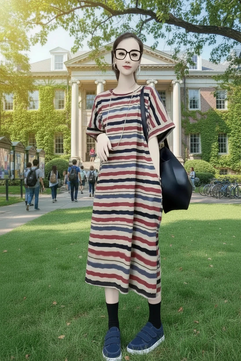 🍒Striped t-shirt dress A- line knee length outfit plus size slimming clothes for plus size women spring summer fashion   Stripe A- Pose