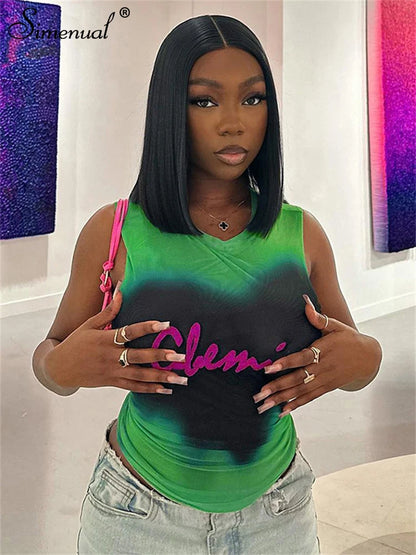 🍒Tie dye sleeveless top mesh see through crop top women party vest hot club wear Y2K Slim Clothing Get Your Greens