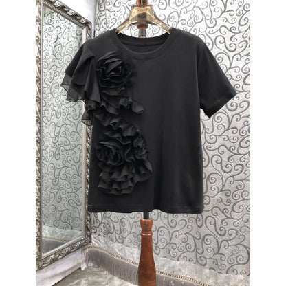 🍒3D flower top with ruffles  round neck short sleeved t-shirt smart casual party wear for women Time For A Rosy Lee Te'