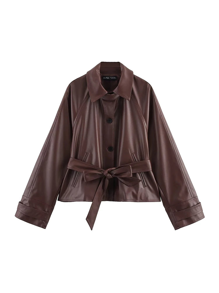 🍒Faux leather short trench coat with belt spring fall fashion commuter jacket women stylish street coat smart casual outerwear Leather Looking Lavish