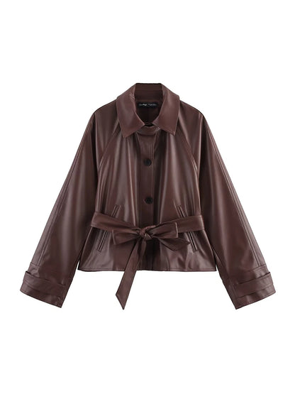 🍒Faux leather short trench coat with belt spring fall fashion commuter jacket women stylish street coat smart casual outerwear Leather Looking Lavish