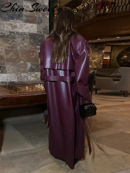 🍒faux leather women coat with lapel long Y2K solid belt and pocket long sleeve pu trench fall winter outwear female Faux Fans Fast Forward