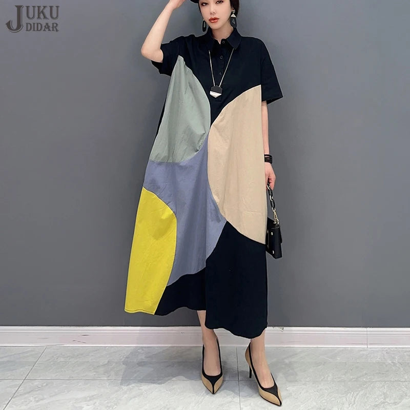 🍒Black patchwork dress loose fit smart casual woman summer shirt style outfit trendy large womens fashion