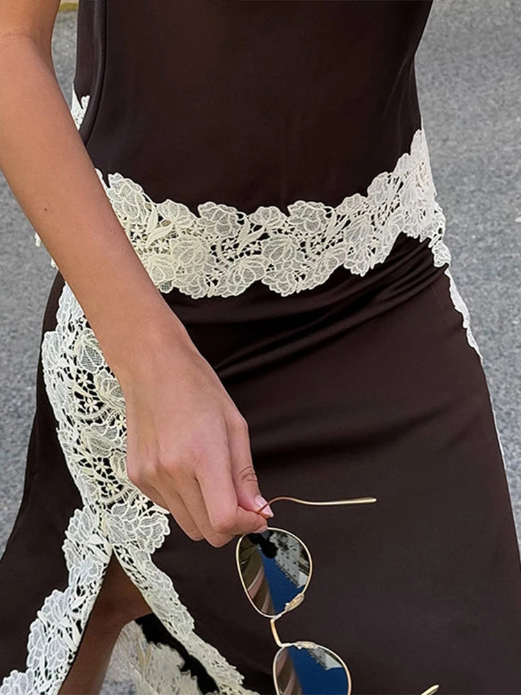 🍒 Lace camisole top and maxi skirt set women patchwork sleeveless backless tops and long loose skirts sets female summer fashion occasion party wear clothing smart casual women Lady Lace