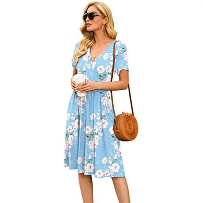 🍒Printed v-neck a-line short sleeve dress floral with high waist over knee outfits for summer womens fashion clothing beachwear holiday clothing A Bunch Of Beautiful Florals