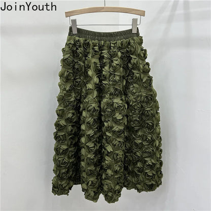 🍒3D flower skirt versatile flower mid-calf a-line fashion wear for women high waist big swing feminine outfit occasion wear party wear chic floral high waist a-line sweet solid colour clothing Pick This Rose And Put It In Your Basket
