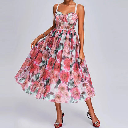 🍒High waist party dress with bodice and full skirt elegant floral print for summer fashion  sleeveless a-line dress off shoulder outfit women Fun Floaty Floral