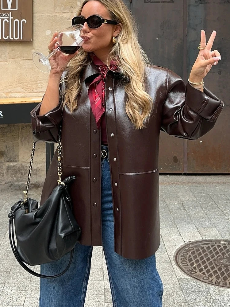 🍒Leather short skirt set women Y2K long sleeve pu jacket and mini skirt suits women's high street fashion smart casual outfits