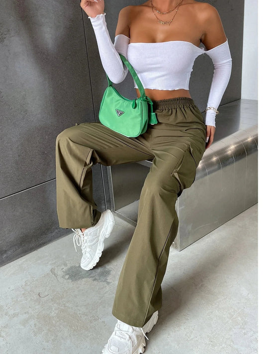 🍒Utiliy pants casual clothing semi baggy communte female chic straight cargo trousers stretch bottoms elastic high waist pants elegant fit female fashion Utilize Utility
