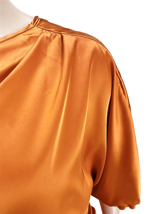 🍒Plus size womens clothing nightclub wear missy outfit pleated asymmetric one sleeve satin dress evening party wear occasion outfit  XL-5XL Cool Orange Cocktail