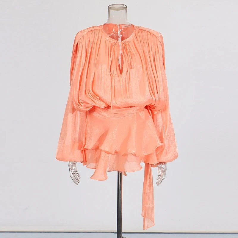 🍒Solid tie neck dress high waist ruffle for women long sleeve mini  party club wear occasion clothing female fashion Revel In Ruffles