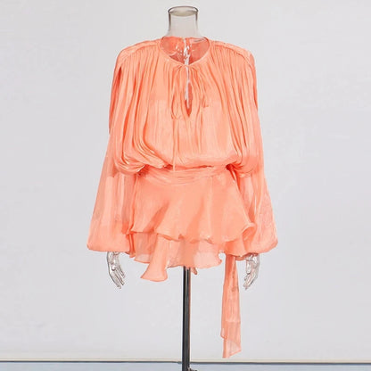 🍒Solid tie neck dress high waist ruffle for women long sleeve mini  party club wear occasion clothing female fashion Revel In Ruffles