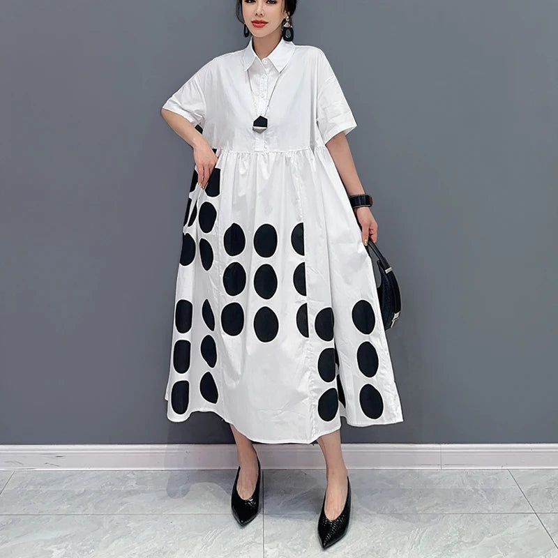 🍒Large polka dot printed dress black and white long shirt dress loose fit plus size fashion chic smart casual wear women Say Yes To Dominos