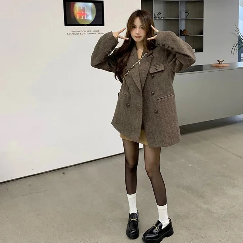 🍒Vintage brown blazer women autumn winter thick warm loose street wear jacket coats Y2K fashion chic double breasted Outerwear  You'll Wear This Out