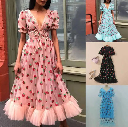🍒Summer fashion v-neck short sleeved midi dress mesh fabric strawberry outfit fitted at waist smart casual clothing women BERRY exSTRAW-ordinary