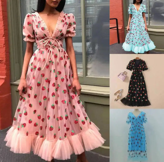 🍒Summer fashion v-neck short sleeved midi dress mesh fabric strawberry outfit fitted at waist smart casual clothing women BERRY exSTRAW-ordinary
