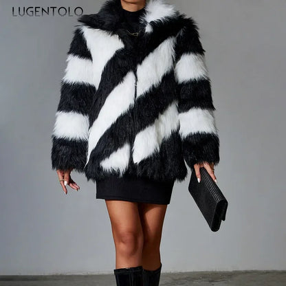 🍒Fluffy faux fur jacket autumn winter lapel coat female smart causal outerwear striped  for women ocassion party overcoat Get On The A-List vibe With A Z-(eberdy)List