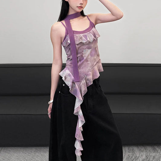 🍒Women's ruffled top straps vest casual outfit cami with ruffles asymetric fashion party occasion wear TAiLor  Your Fashion Move To MAUVE
