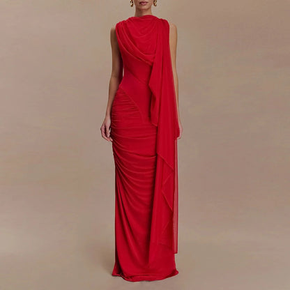 🍒Mesh draped dress solid color outfits o/neck high waist chiffon evening gowns occasion wear maxi shawl dress  Rome-mantic