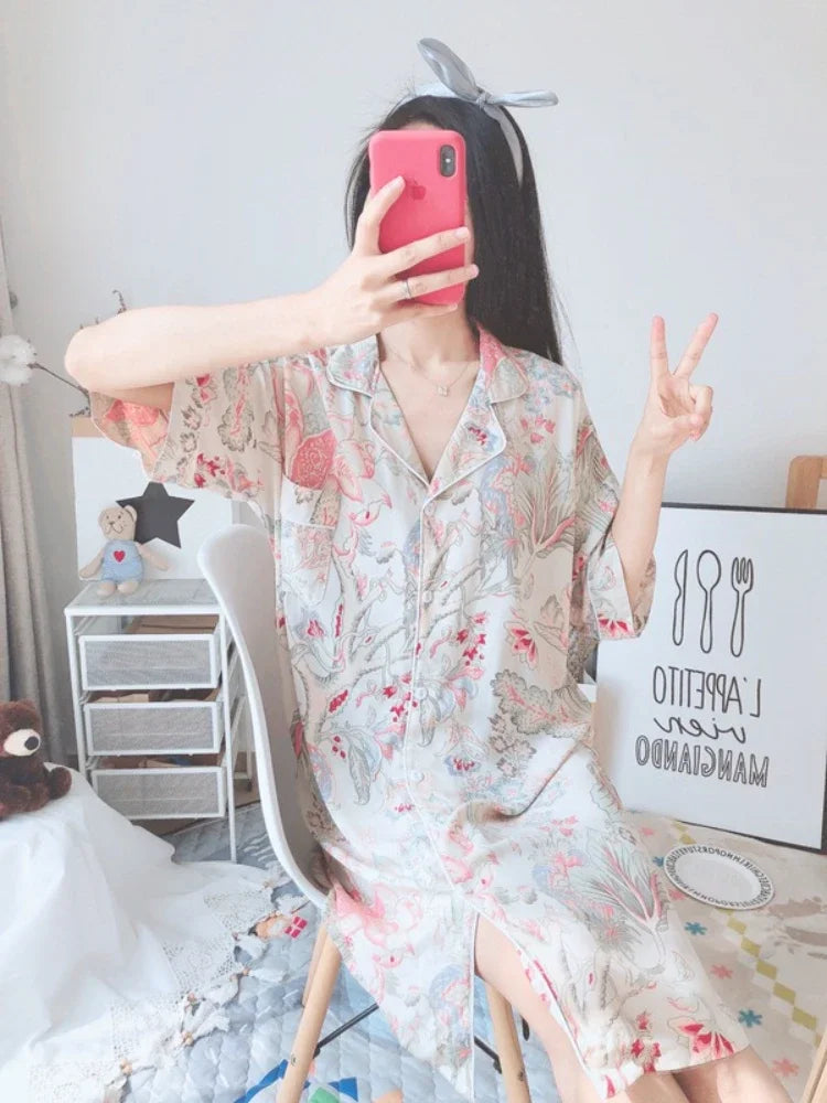 🍒Womens pyjama nightie cotton viscose comfy cardigan nightdress loose fit short sleeve nightgown floral print night wear sleep dress Comfort Cool