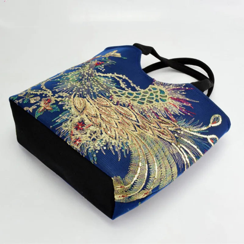 🍒Sequins tote bag ethnic style peacock embroidery handbags ladies vintage canvas crossbody bag grab bag smart casual accesssories Display Your Style With A peacock