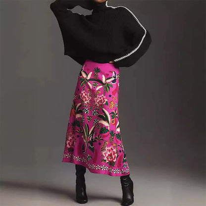 🍒Womens spring summer skirts floral midi vintage streetwear ladies elastic waist female fashion wear smart casual clothing Look Cool In Hot Pink