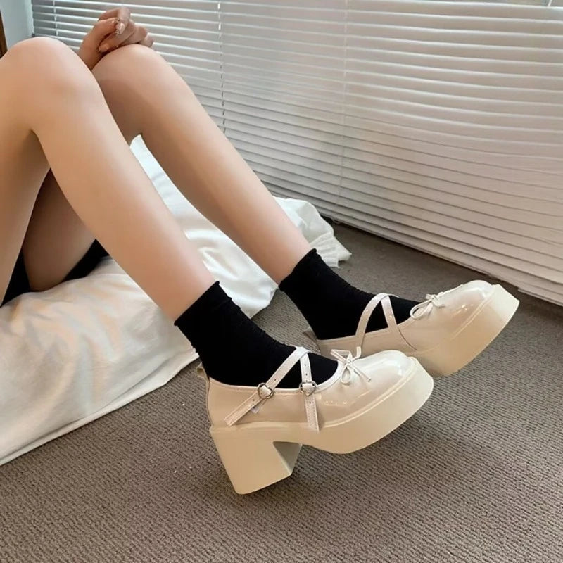 🍒Women’s fashion footwear round toe high heels bow and buckle solid thick heel pumps comfortable Mary Jane shoes Buckle Up For These Bow Beauties