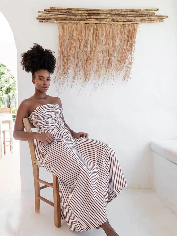 🍒Striped tube dress a line fashion maxi outfits for women trendy holiday wear beach wear striped summer clothes