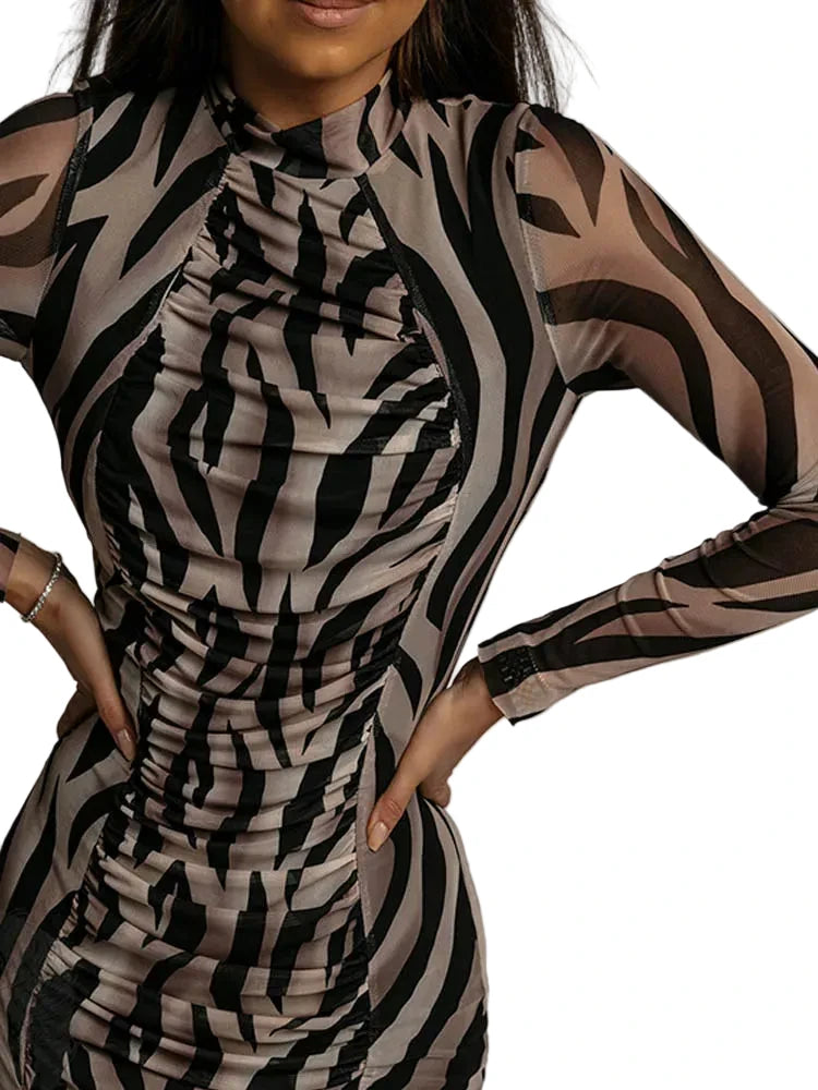 🍒Printed mesh long dress women party wear multicolour outfit fold design slim fit long sleeve maxi o-neck occasion wear party wear outfit Drooly Drape