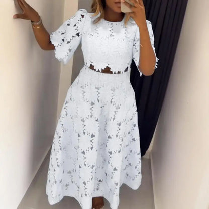 🍒Women's 2 Piece skirt set lace flower top and matching skirt smart casual outfits for women short sleeve round neck top and high waisted maxi skirt summer vacation clothing Get Laced In Colour