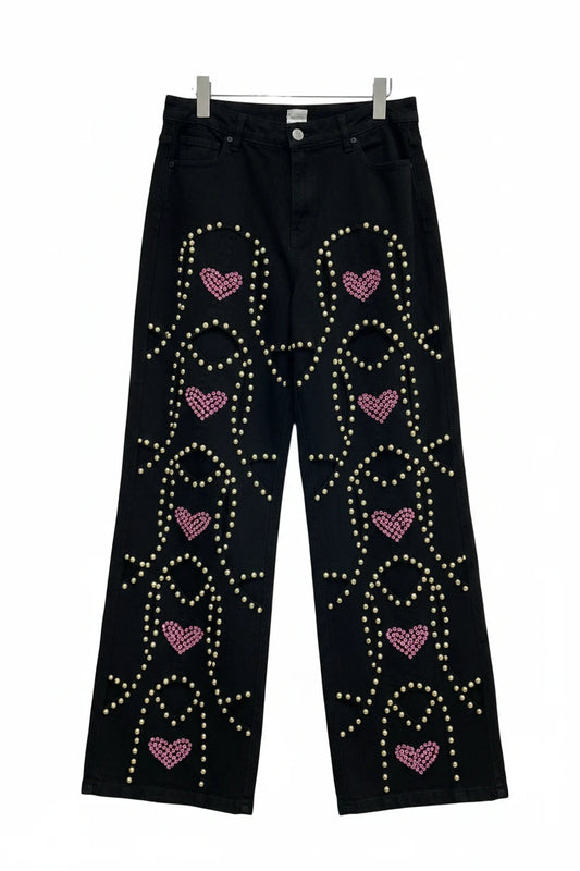 🍒Red diamond jeans embellished hollow heart Jeans for women loose wide leg denim trousers cool pants with rivets wHOLE HEARTedly made for you
