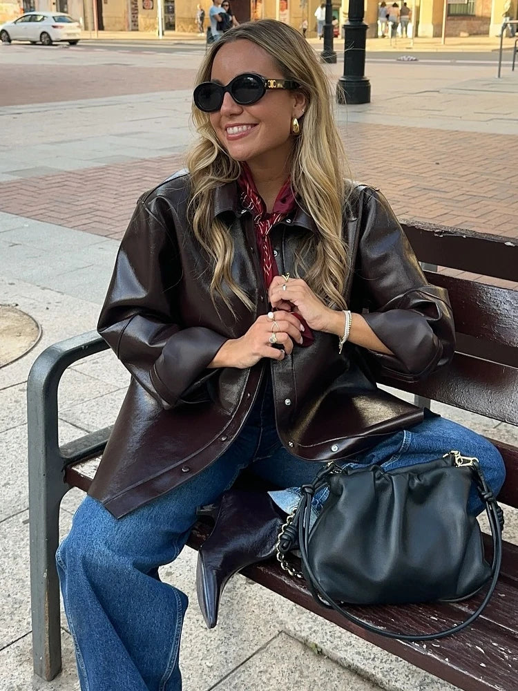 🍒Leather short skirt set women Y2K long sleeve pu jacket and mini skirt suits women's high street fashion smart casual outfits