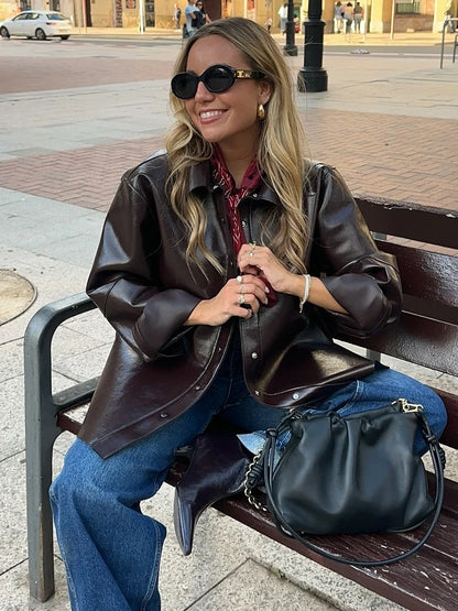 🍒Leather short skirt set women Y2K long sleeve pu jacket and mini skirt suits women's high street fashion smart casual outfits