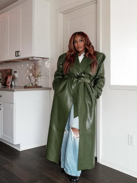 🍒faux leather women coat with lapel long Y2K solid belt and pocket long sleeve pu trench fall winter outwear female Faux Fans Fast Forward