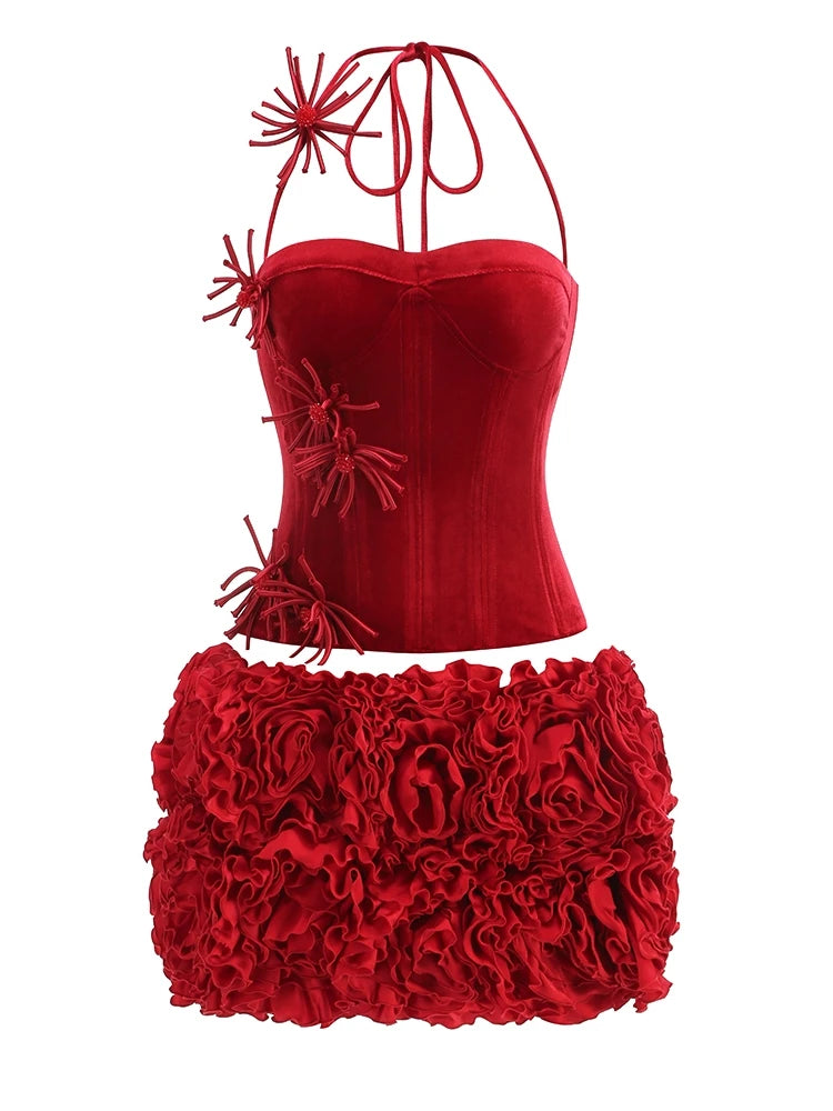 🍒Women's skirt two piece set halter corset top 3d floral outfit corset top with matching skirt mini lace-up back bustier suits celebrity party wear COCK -ya TAIL Cothes