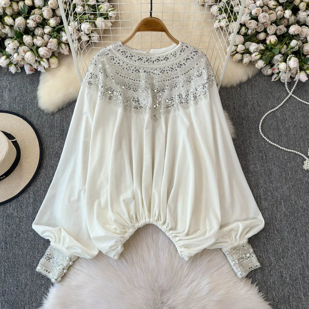 🍒Vintage velvet blouse women's velour shirt sequin  clothing elasticated waist top Loose party occasion wear clothing Voted Velvet Varying Never