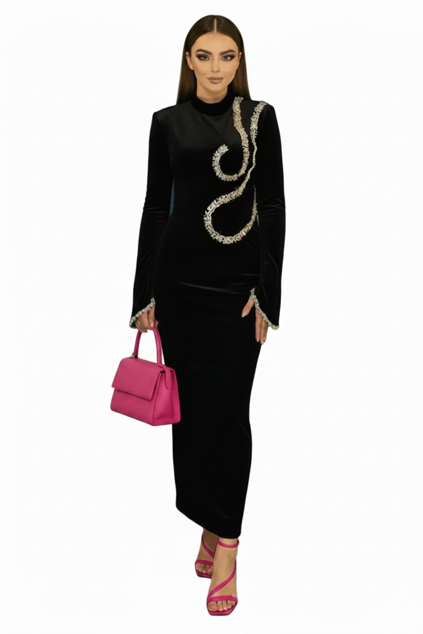 🍒Black party dress for women long sleeve half high neck collar crystal bodycon gown occassion  outfit with sparkles ankle length maxi dress celebrity club  wear evening wear Swirl Twirl