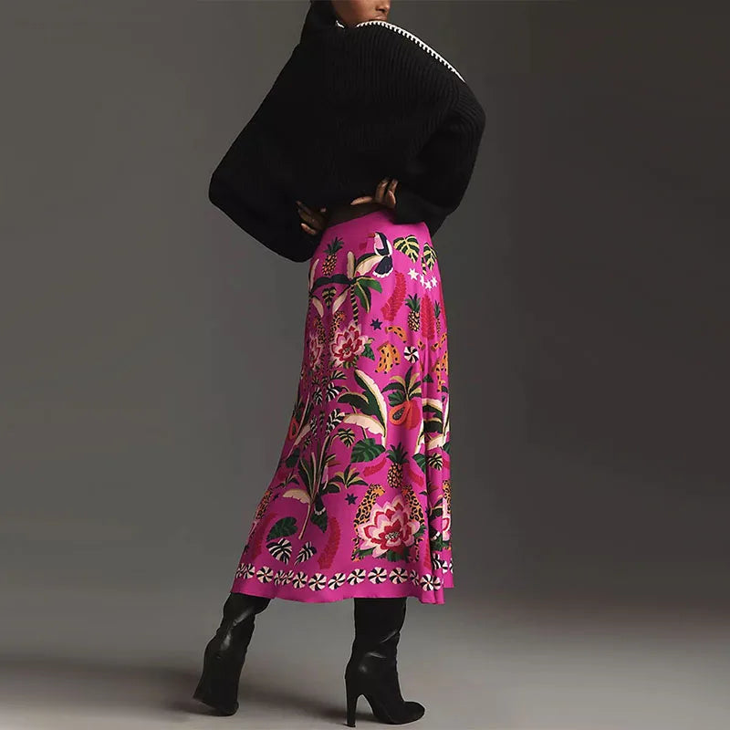 🍒Womens spring summer skirts floral midi vintage streetwear ladies elastic waist female fashion wear smart casual clothing Look Cool In Hot Pink