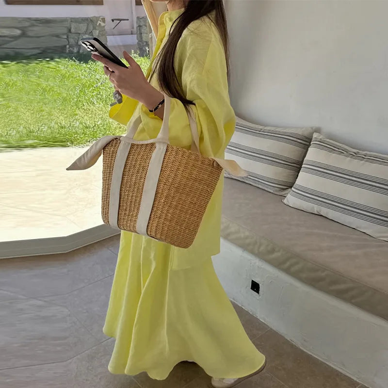 🍒Two piece women's clothing sets summer wear turn-down collar shirt full sleeve top plus draped long skirt outfit maxi female fashion relaxed smart casual clothing Lime In Your Lemon
