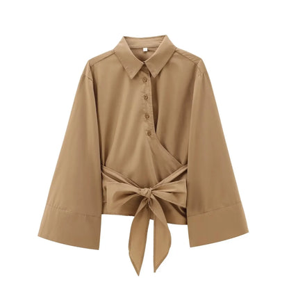 🍒Long sleeve shirt jacket spring summer women's tie top with wide sleeves female fashion clothing solid shirt smart casual Blouse  Cool Jewellies