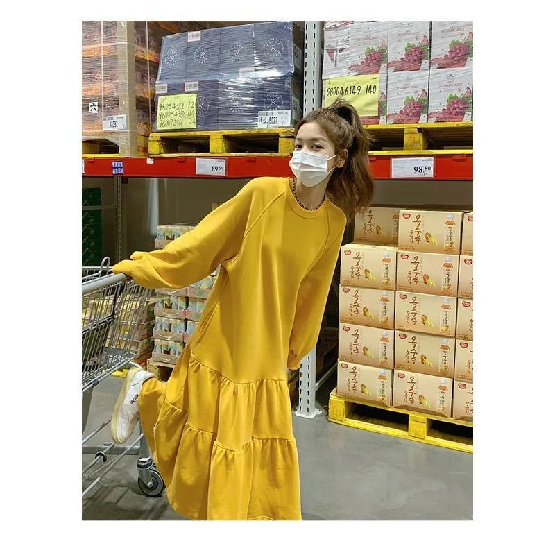 🍒Oversized dress solid color loose outfit long sleeve maxi fashion for women o-neck a-line outfits casual wear Feel Good Tiers Of Joy