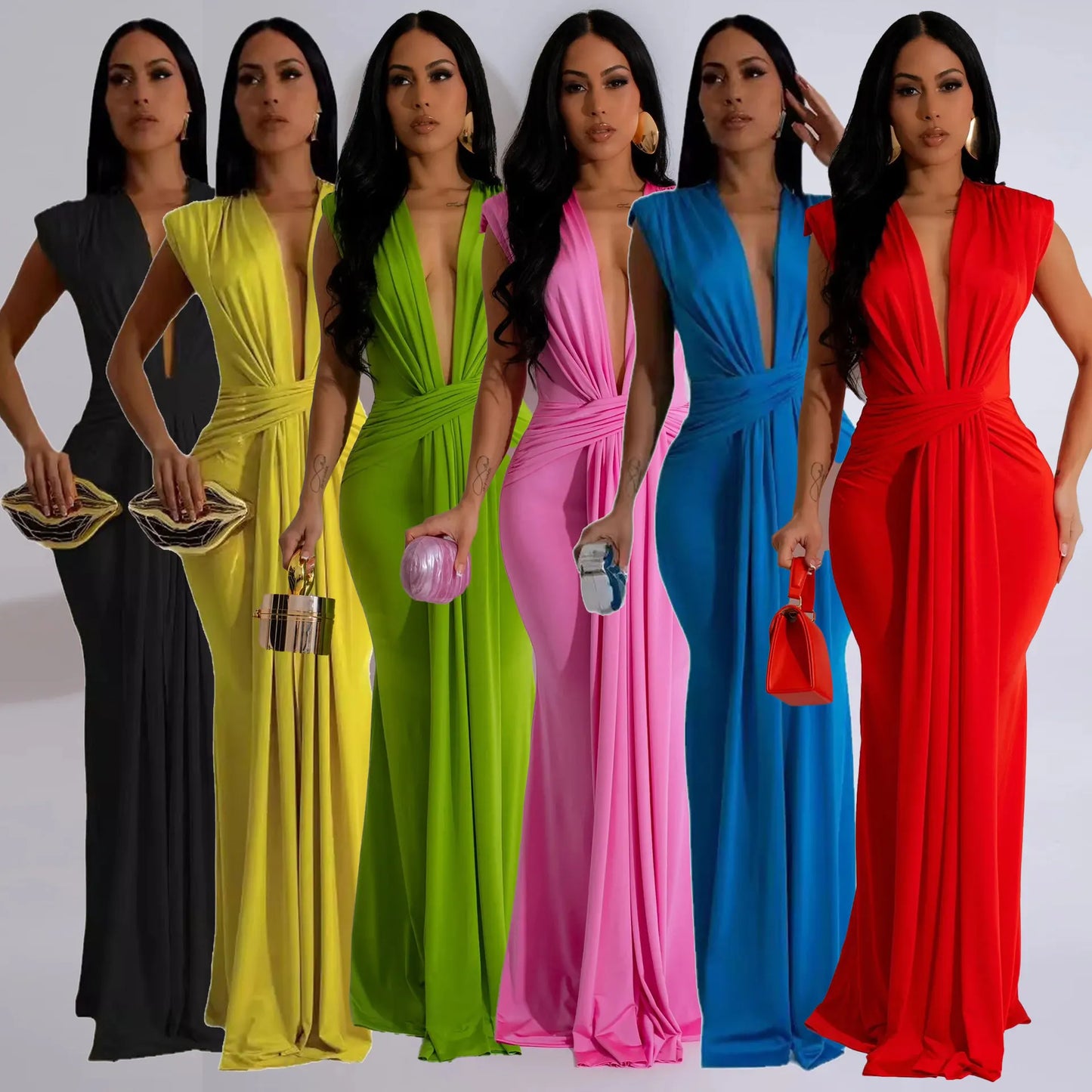 🍒Womens deep v maxi dress  long  sleeveless solid bodycon fitted waist outfit dressy drape colourful evening wear Spend A Colourful HOUR With A GLASS