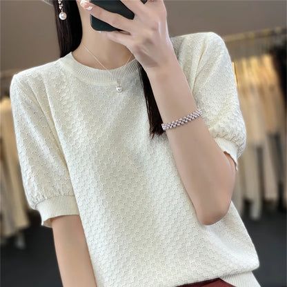🍒Womens textured t-shirt summer cotton tops short sleeve solid colour tee round neck loose blouse casual clothing
